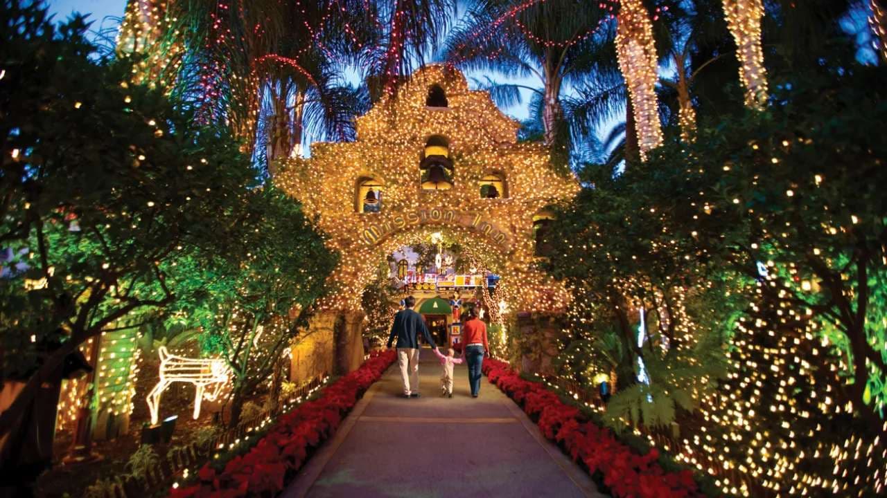 The Mission Inn illuminated with holiday lights in Riverside